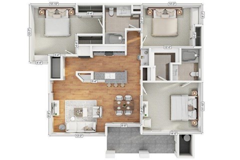Floor plan for 3 beds, 2 baths, 1207 sqft