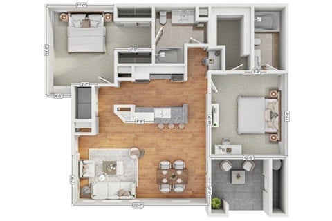 Floor plan for 2 beds, 2 baths, 1141 sqft