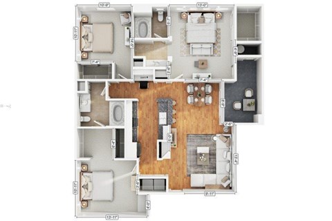 Floor plan for 3 beds, 2 baths, 1232 sqft