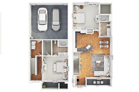 Floor plan for 2 beds, 2 baths, 1382 sqft