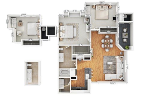 Floor plan for 2 beds, 1 bath, 966 sqft