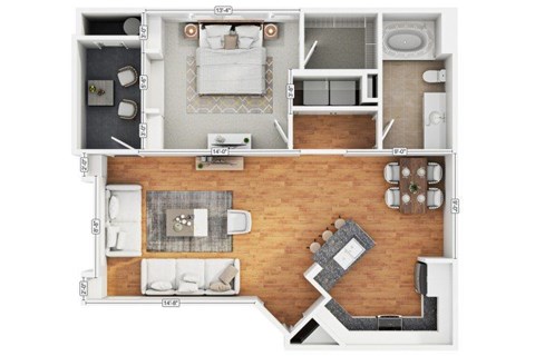 Floor plan for 1 bed, 1 bath, 757 sqft