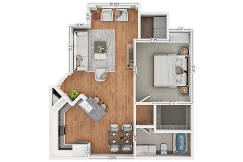 Floor plan for 1 bed, 1 bath, 768 sqft