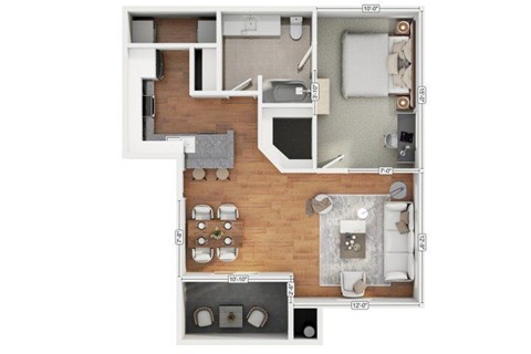 Floor plan for 1 bed, 1 bath, 716 sqft