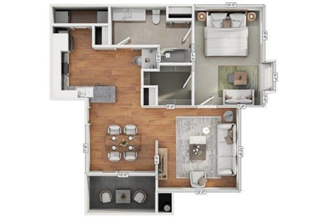 Floor plan for 1 bed, 1 bath, 802 sqft