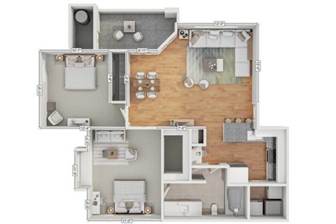 Floor plan for 2 beds, 1 bath, 905 sqft