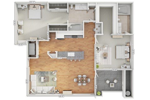 Floor plan for 2 beds, 2 baths, 1109 sqft
