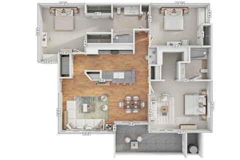 Floor plan for 3 beds, 2 baths, 1241 sqft