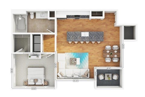 Floor plan for 1 bed, 1 bath, 715 sqft