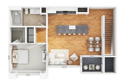 Floor plan for 1 bed, 1 bath, 799 sqft