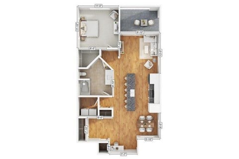 Floor plan for 1 bed, 1 bath, 862 sqft