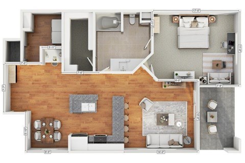 Floor plan for 1 bed, 1 bath, 862 sqft