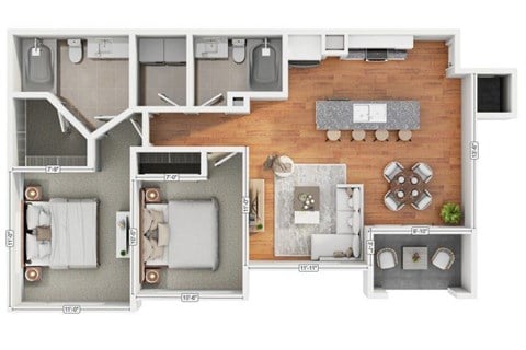 Floor plan for 2 beds, 2 baths, 959 sqft