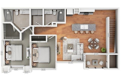 Floor plan for 2 beds, 2 baths, 1036 sqft