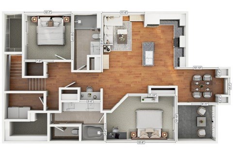 Floor plan for 2 beds, 2 baths, 1259 sqft