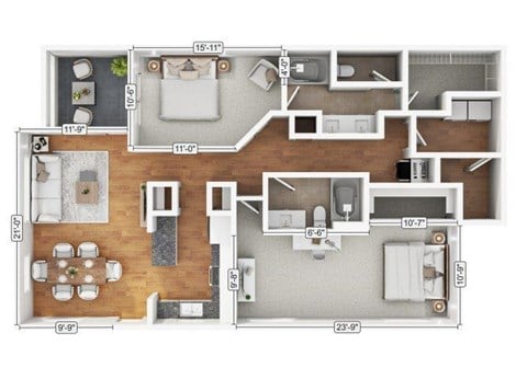 Floor plan for 2 beds, 2 baths, 1321 sqft