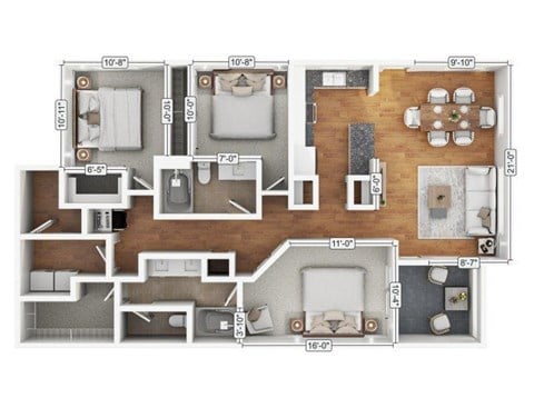 Floor plan for 3 beds, 2 baths, 1310 sqft