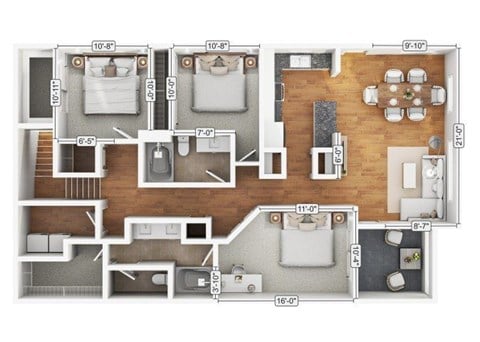 Floor plan for 3 beds, 2 baths, 1321 sqft