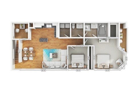 Floor plan for 2 beds, 1 bath, 981 sqft