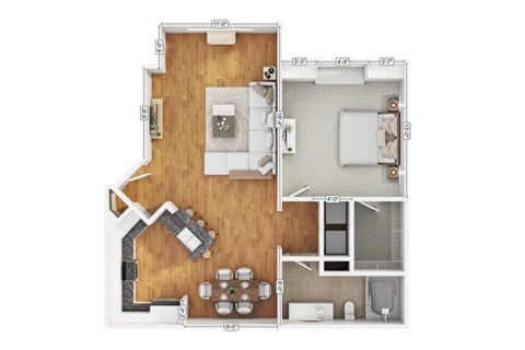 Floor plan for 1 bed, 1 bath, 747 sqft