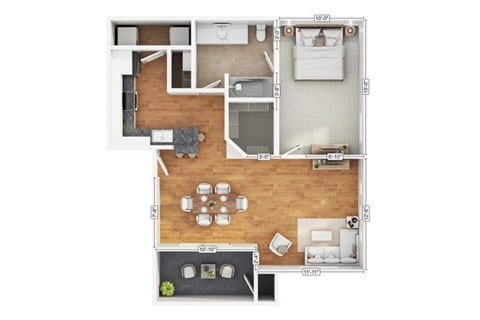 Floor plan for 1 bed, 1 bath, 683 sqft