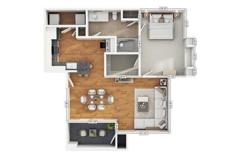 Floor plan for 1 bed, 1 bath, 752 sqft