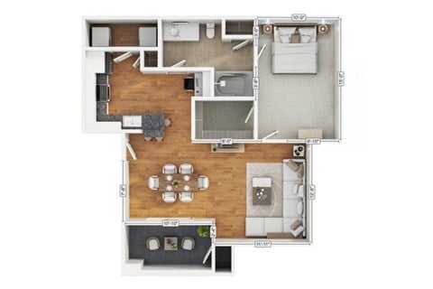 Floor plan for 1 bed, 1 bath, 752 sqft
