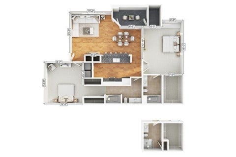 Floor plan for 2 beds, 2 baths, 1144 sqft