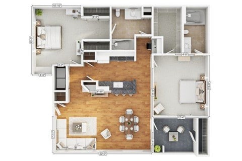 Floor plan for 2 beds, 2 baths, 1119 sqft