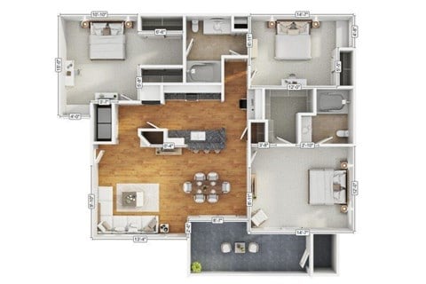 Floor plan for 3 beds, 2 baths, 1188 sqft