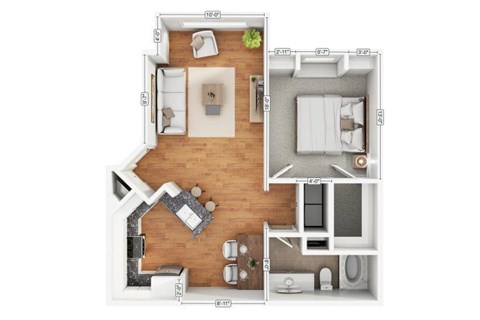 Floor plan for 1 bed, 1 bath, 747 sqft