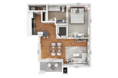 Floor plan for 1 bed, 1 bath, 683 sqft