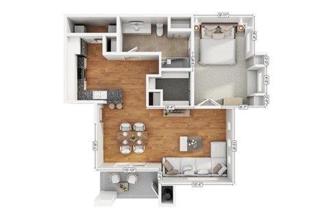 Floor plan for 1 bed, 1 bath, 752 sqft