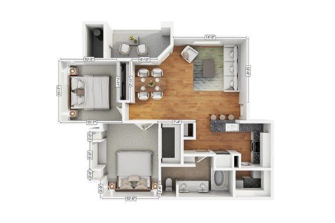 Floor plan for 2 beds, 1 bath, 926 sqft