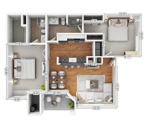 Floor plan for 2 beds, 2 baths, 1144 sqft