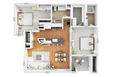Floor plan for 2 beds, 2 baths, 1119 sqft