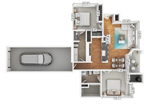 Floor plan for 2 beds, 2 baths, 1123 sqft