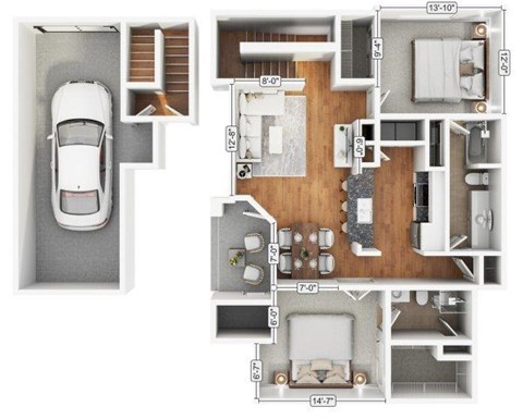 Floor plan for 2 beds, 2 baths, 1239 sqft