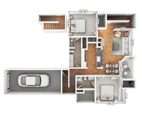 Floor plan for 2 beds, 2 baths, 1391 sqft