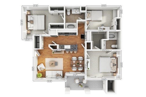 Floor plan for 3 beds, 2 baths, 1188 sqft