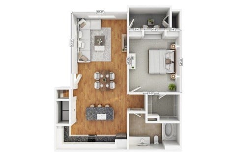 Floor plan for 1 bed, 1 bath, 774 sqft