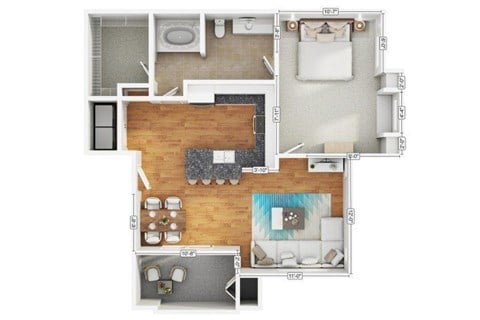 Floor plan for 1 bed, 1 bath, 751 sqft