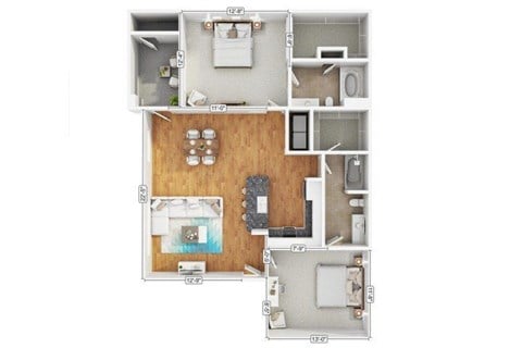 Floor plan for 2 beds, 2 baths, 1175 sqft