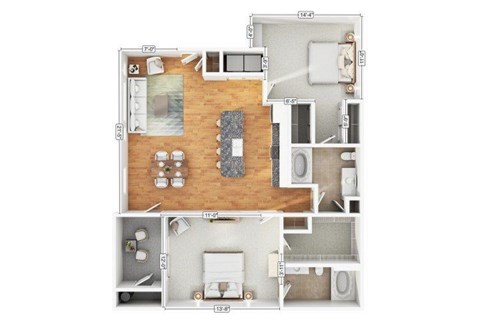 Floor plan for 2 beds, 2 baths, 1140 sqft