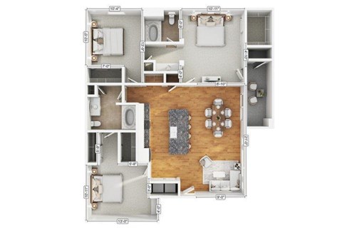 Floor plan for 3 beds, 2 baths, 1253 sqft