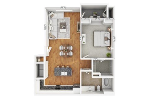 Floor plan for 1 bed, 1 bath, 774 sqft