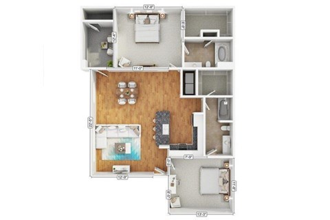 Floor plan for 2 beds, 2 baths, 1175 sqft