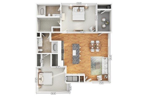 Floor plan for 2 beds, 2 baths, 1140 sqft