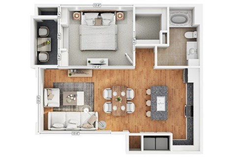 Floor plan for 1 bed, 1 bath, 774 sqft
