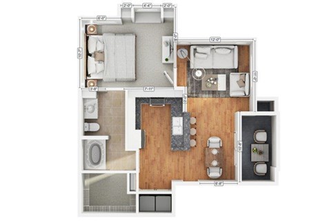 Floor plan for 1 bed, 1 bath, 761 sqft